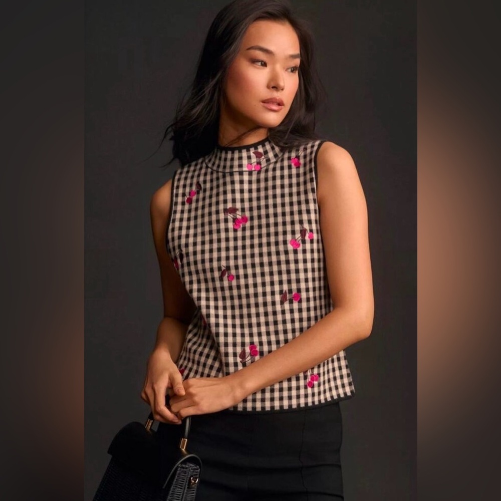 Maeve Anthropologie Sweater Vest Women’s Gingham Embroidered Cherries Large